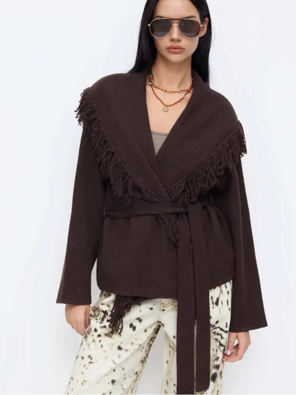 Shop Cider FRINGED WOOL-BLEND KNIT WRAP CARDIGAN WITH BELT Coffee